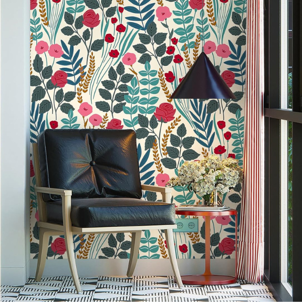 B0CMTVYV1D (5) Papel tapiz Floralplus bohemio con hojas tropical para baño