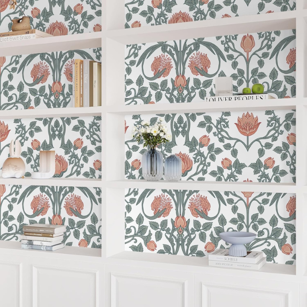 B0D41SC1XK (5) Papel tapiz VEELIKE retro floral 17.7 x 118 inch