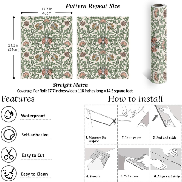 B0D7H31HVR (2) Papel tapiz VEELIKE retro floral 17.7 x 118 inch