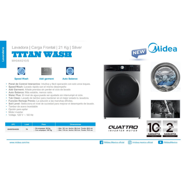 MD00121-4 Lavadora Midea Carga Frontal 21kg